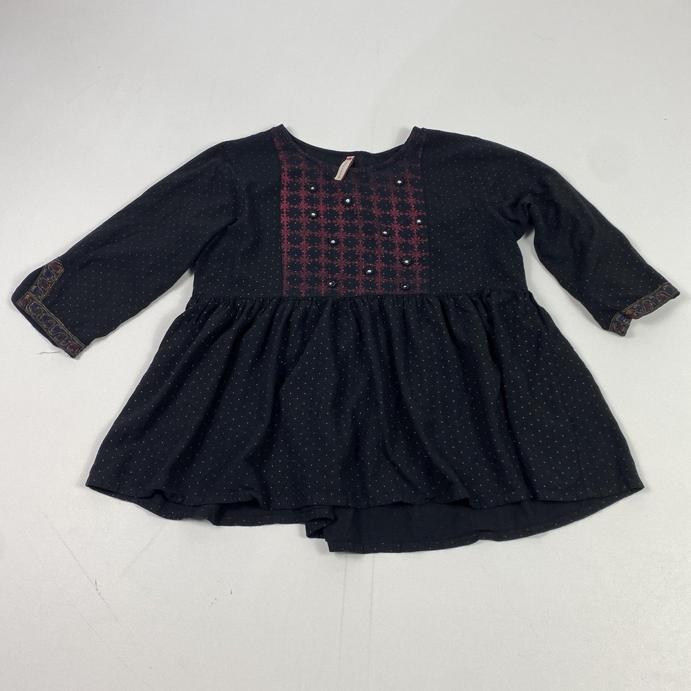 Juniper Dress Womens Large Black Gold Dot Boho Embroidered Tunic Viscose India
